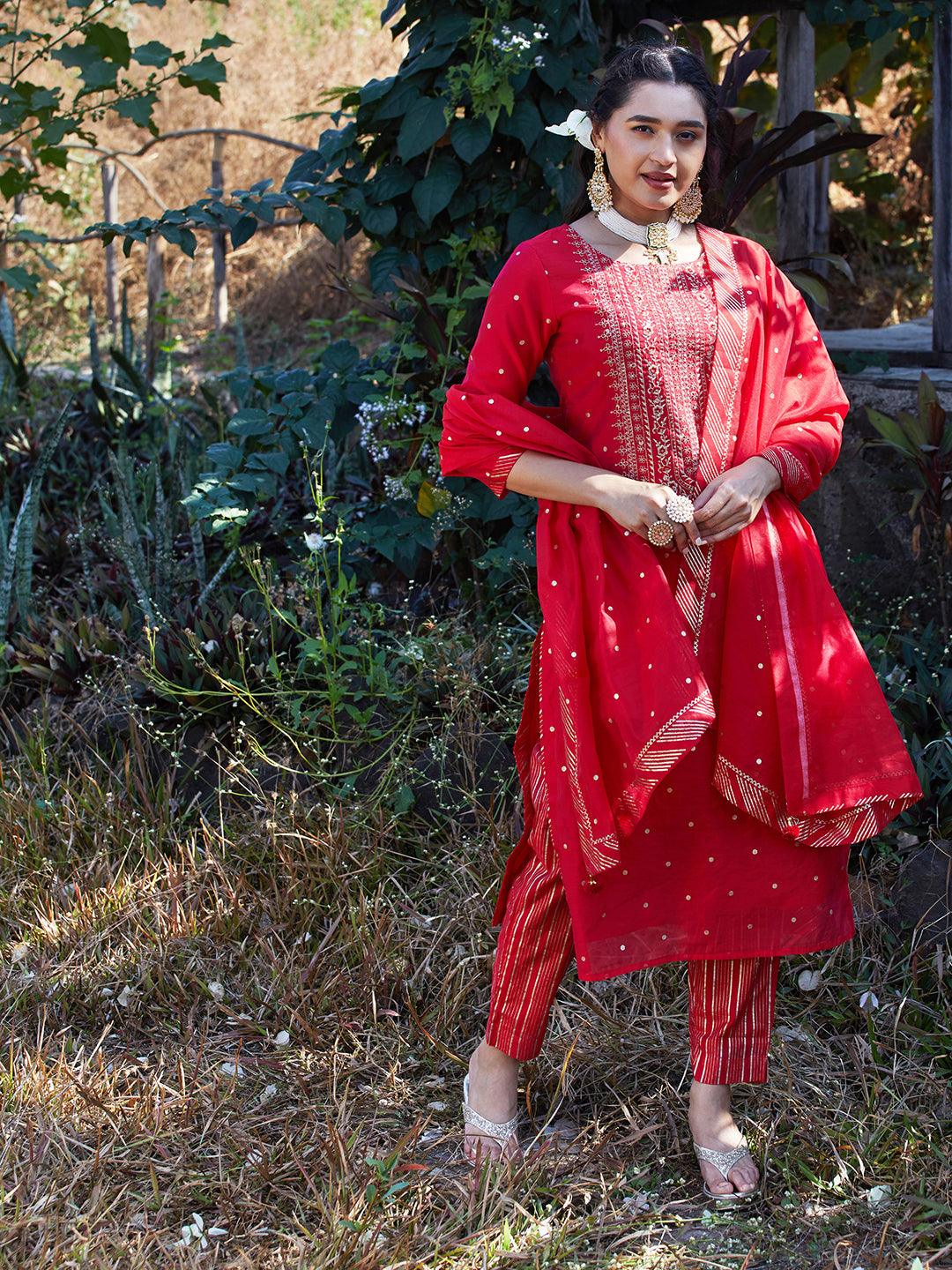 Solid Floral Embroidered Straight Fit Kurta with Pant & Dupatta - Red - Indiakreations