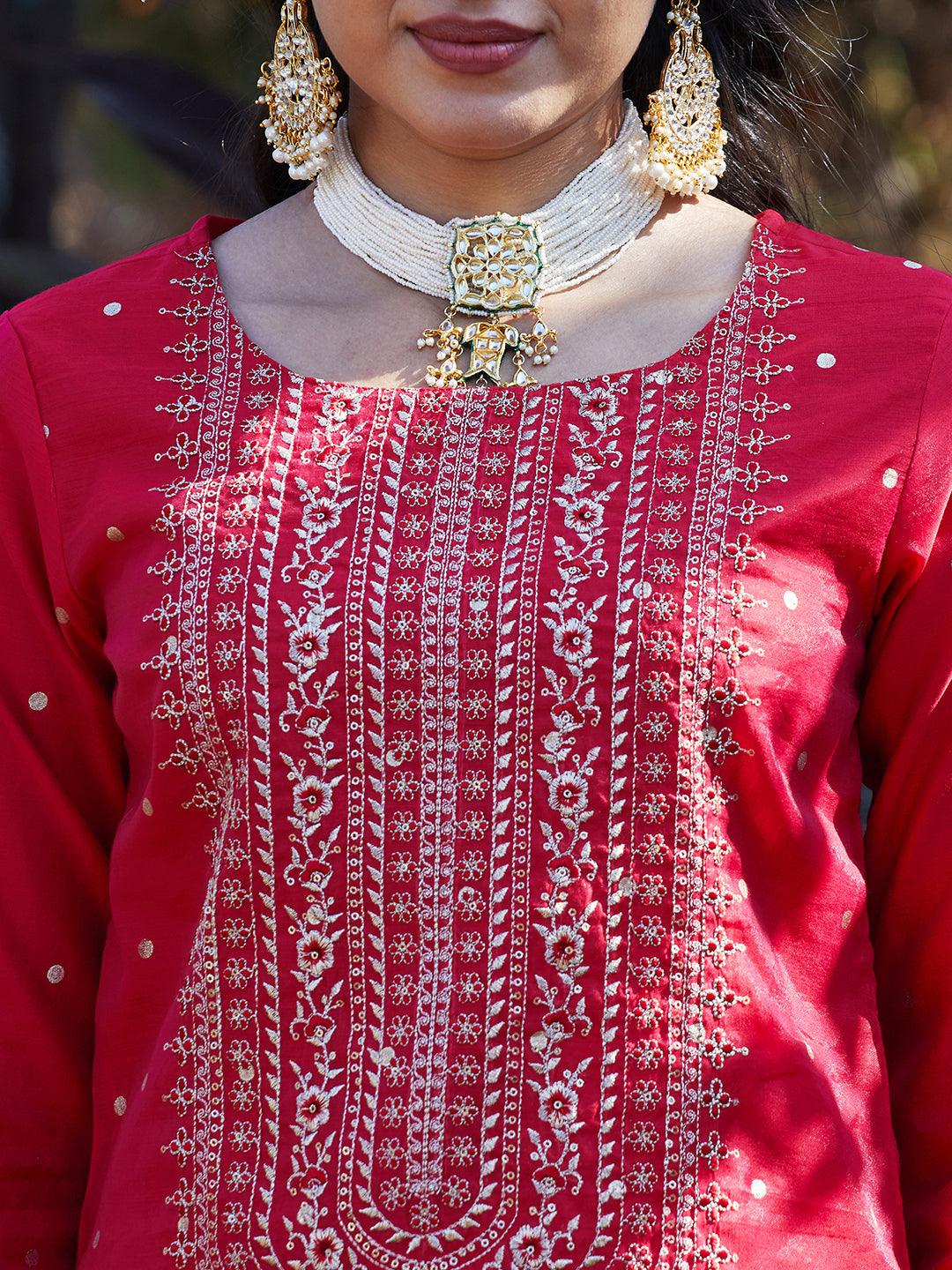 Solid Floral Embroidered Straight Fit Kurta with Pant & Dupatta - Red - Indiakreations