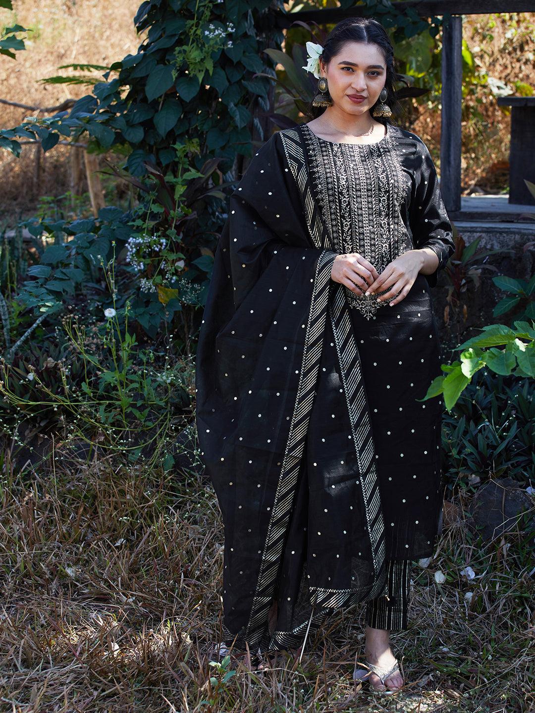 Solid Floral Embroidered Straight Fit Kurta with Pant & Dupatta - Black - Indiakreations