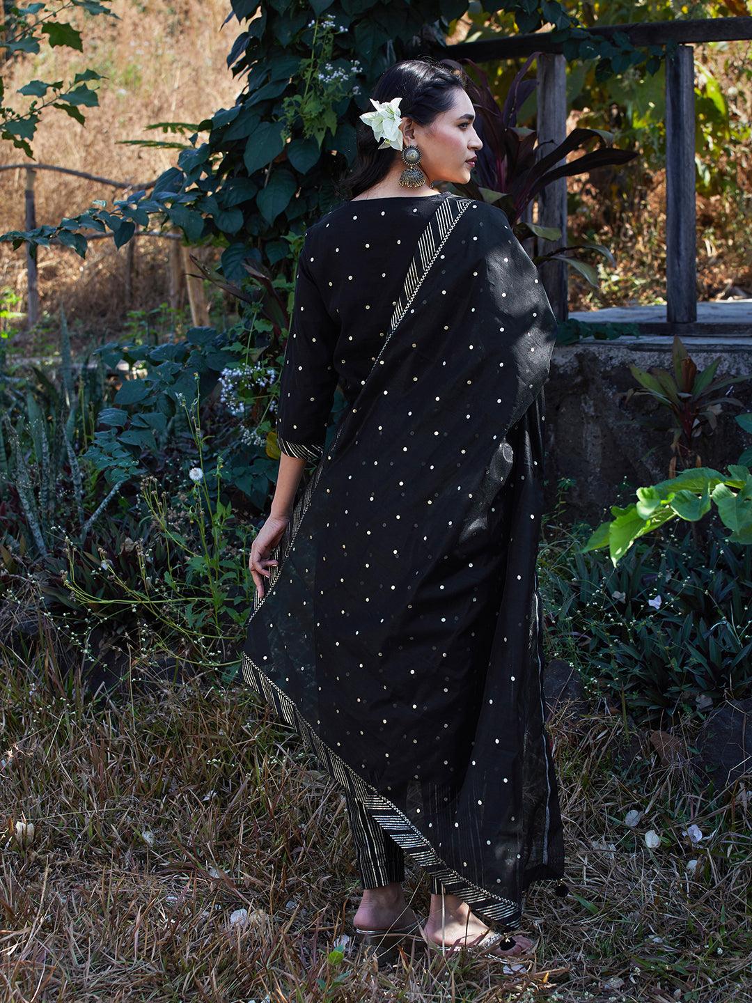 Solid Floral Embroidered Straight Fit Kurta with Pant & Dupatta - Black - Indiakreations