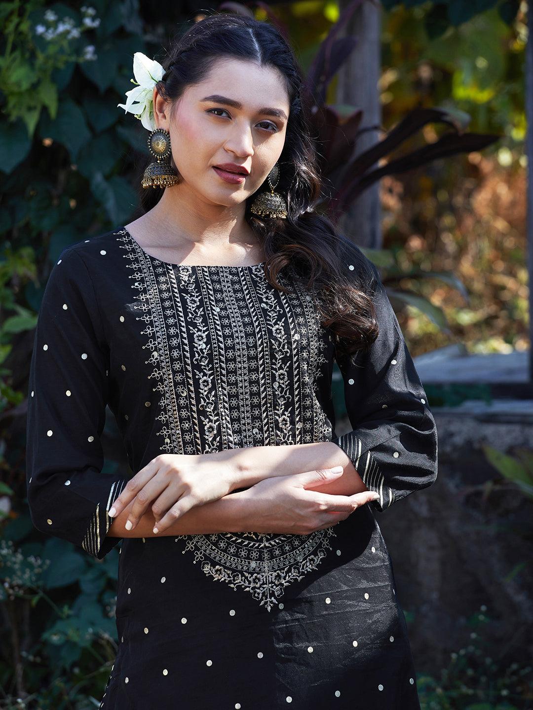 Solid Floral Embroidered Straight Fit Kurta with Pant & Dupatta - Black - Indiakreations