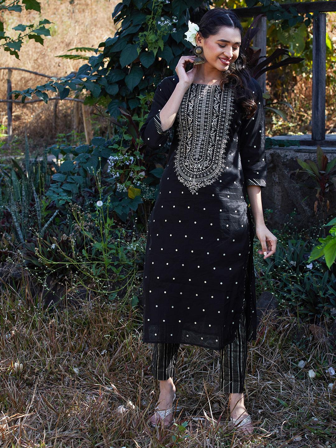 Solid Floral Embroidered Straight Fit Kurta with Pant & Dupatta - Black - Indiakreations