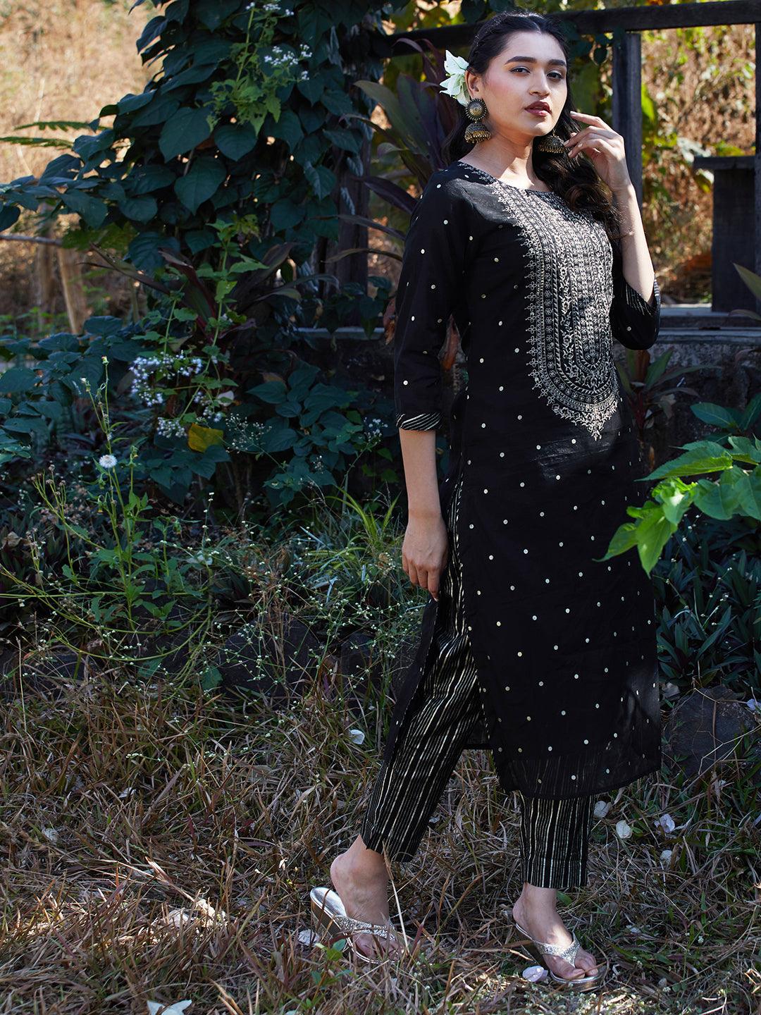 Solid Floral Embroidered Straight Fit Kurta with Pant & Dupatta - Black - Indiakreations