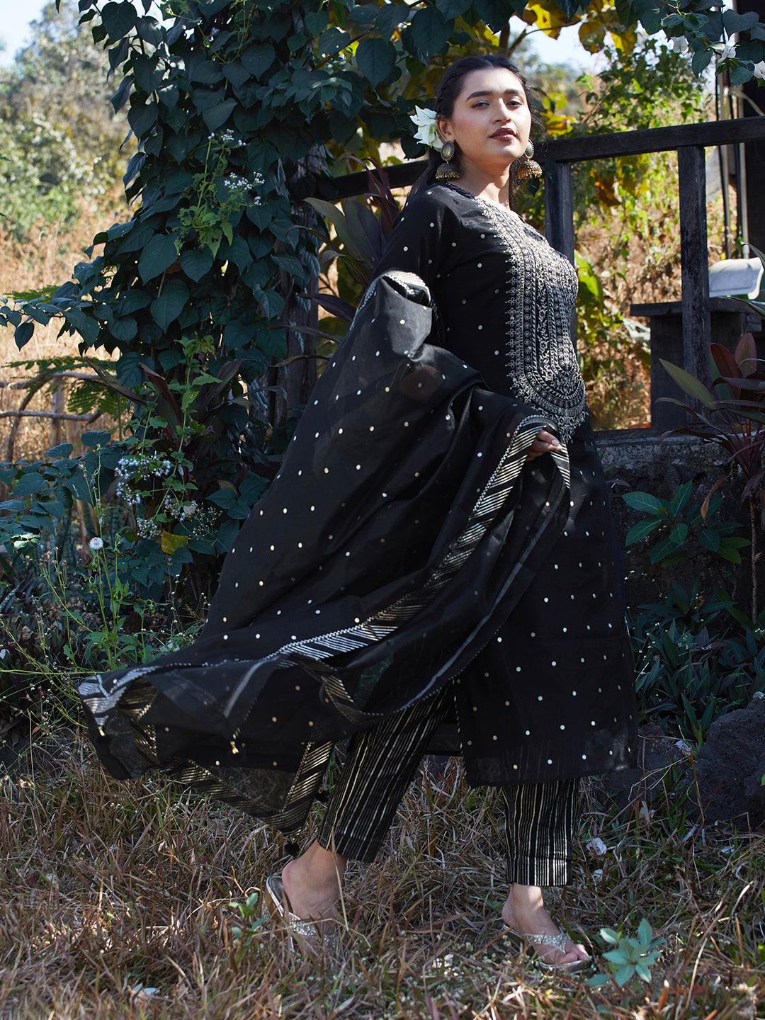 Solid Floral Embroidered Straight Fit Kurta with Pant & Dupatta - Black - Indiakreations