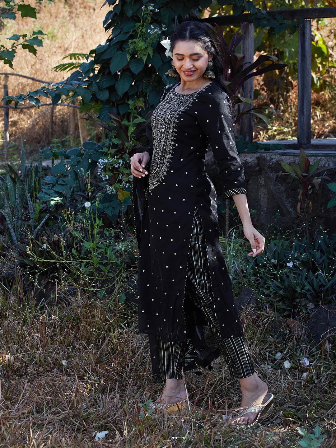 Solid Floral Embroidered Straight Fit Kurta with Pant & Dupatta - Black - Indiakreations