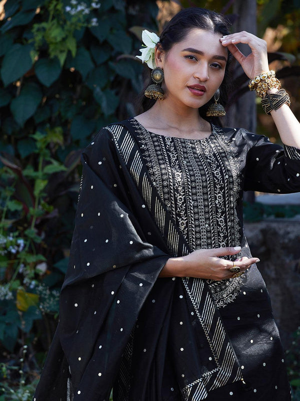 Solid Floral Embroidered Straight Fit Kurta with Pant & Dupatta - Black - Indiakreations