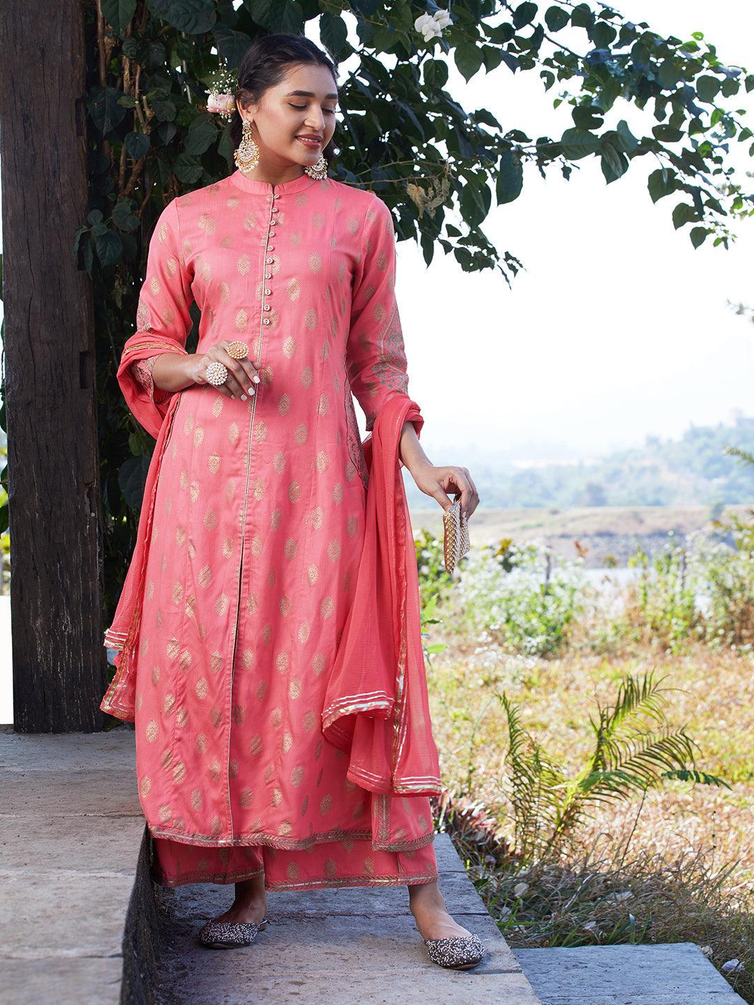 Ethnic Foil Printed & Embroidered A-Line Kurta with Palazzo & Dupatta - Pink - Indiakreations