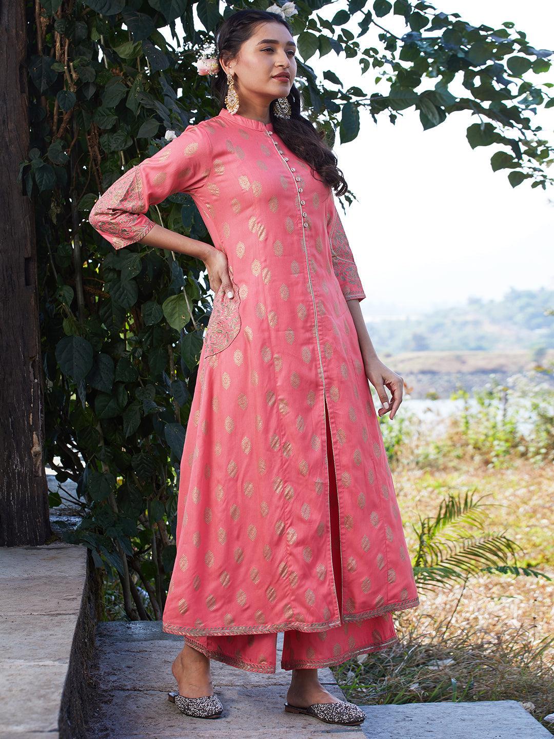 Ethnic Foil Printed & Embroidered A-Line Kurta with Palazzo & Dupatta - Pink - Indiakreations