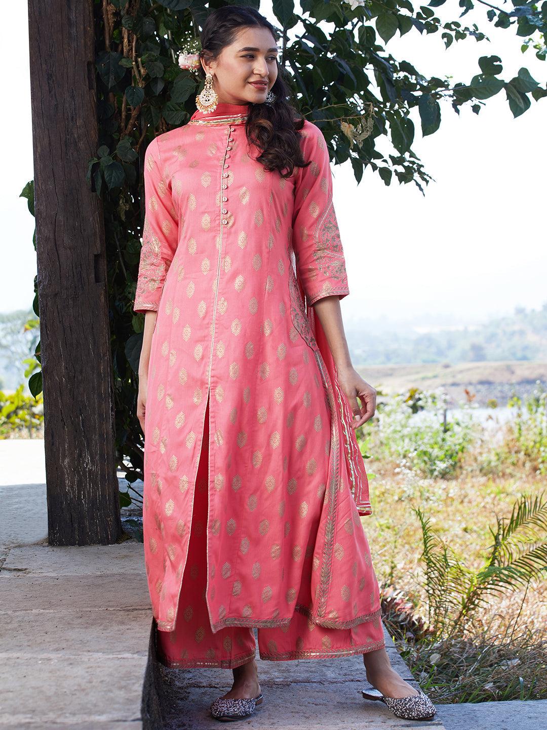 Ethnic Foil Printed & Embroidered A-Line Kurta with Palazzo & Dupatta - Pink - Indiakreations