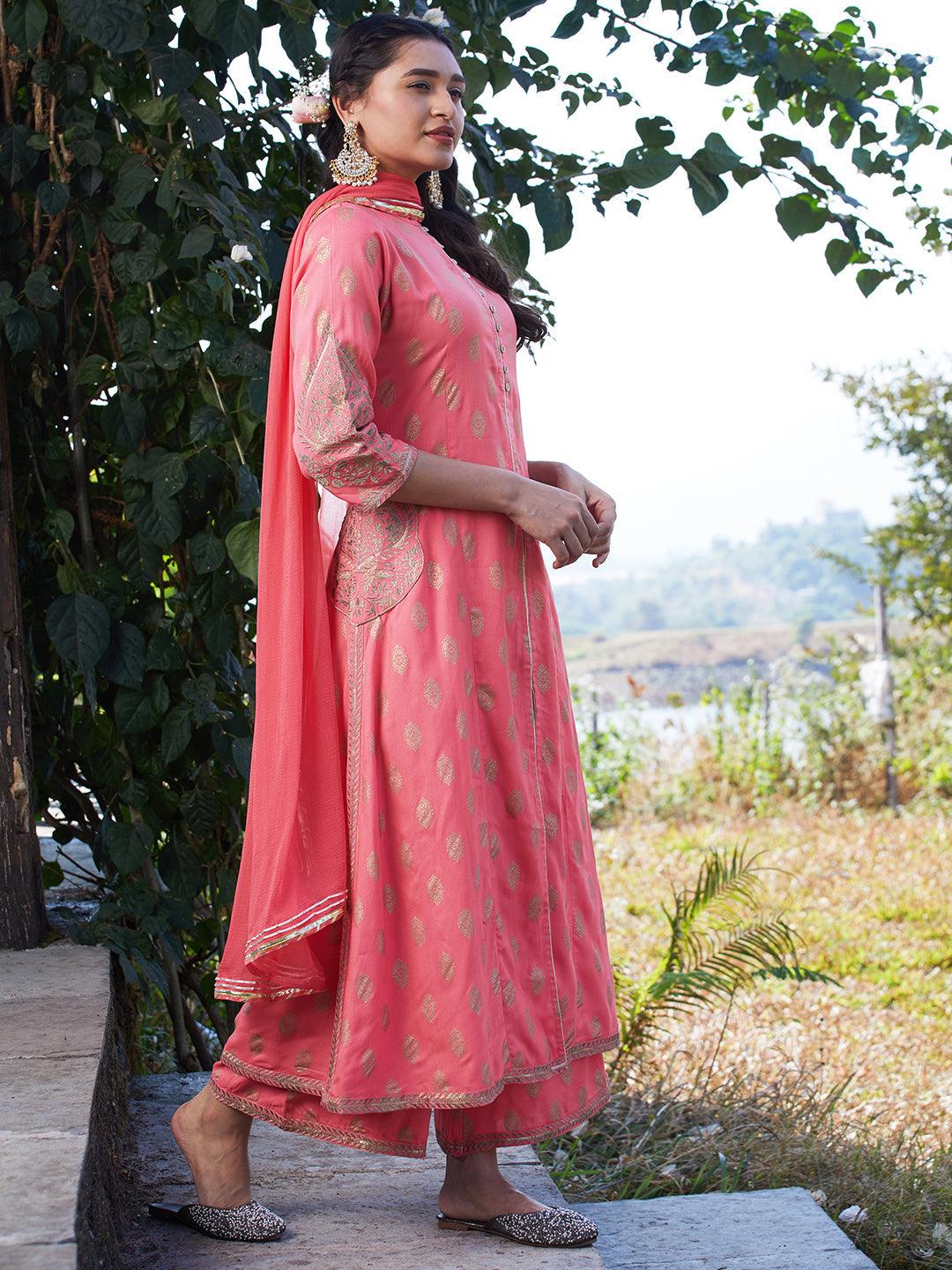 Ethnic Foil Printed & Embroidered A-Line Kurta with Palazzo & Dupatta - Pink - Indiakreations