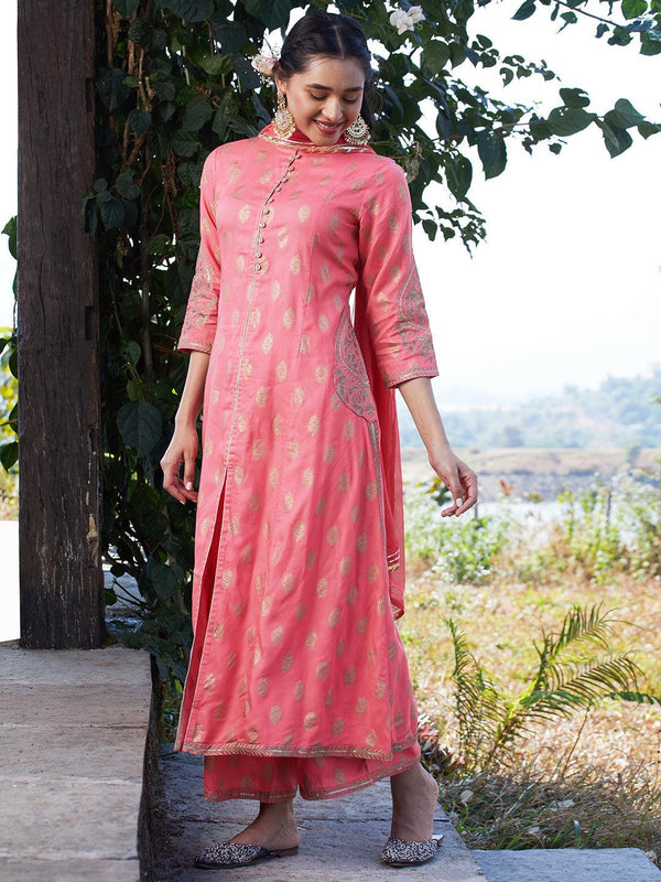 Ethnic Foil Printed & Embroidered A-Line Kurta with Palazzo & Dupatta - Pink - Indiakreations