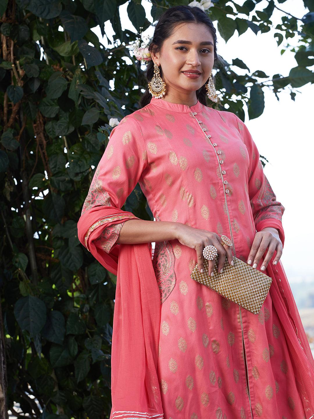 Ethnic Foil Printed & Embroidered A-Line Kurta with Palazzo & Dupatta - Pink - Indiakreations