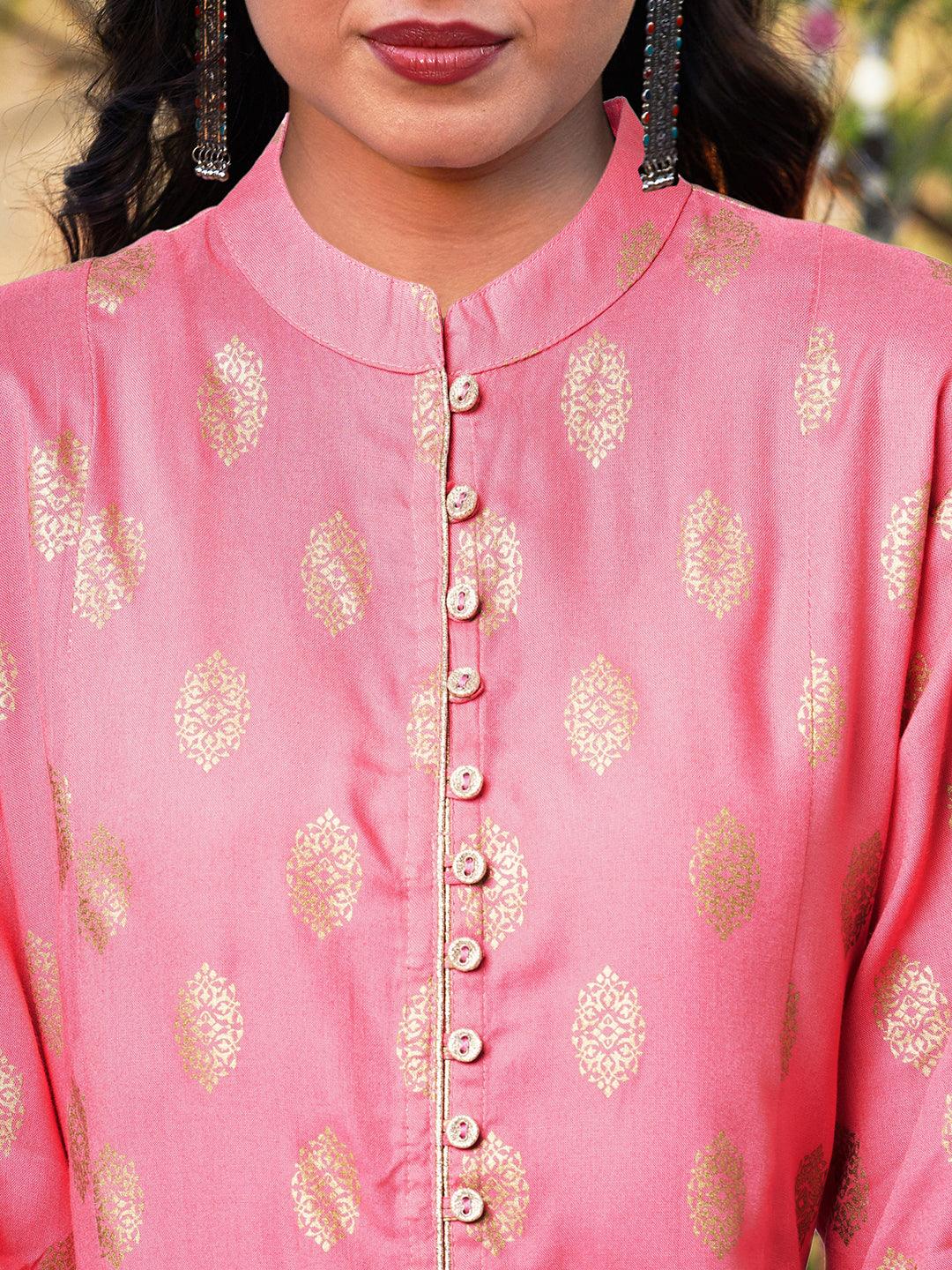 Ethnic Foil Printed & Embroidered A-Line Kurta with Palazzo & Dupatta - Pink - Indiakreations