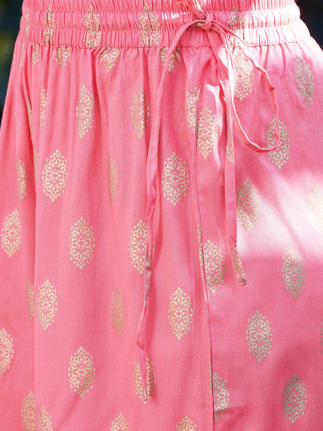 Ethnic Foil Printed & Embroidered A-Line Kurta with Palazzo & Dupatta - Pink - Indiakreations