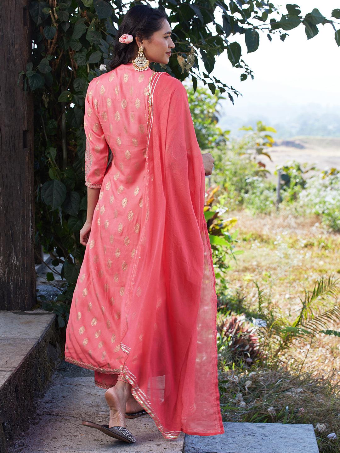 Ethnic Foil Printed & Embroidered A-Line Kurta with Palazzo & Dupatta - Pink - Indiakreations