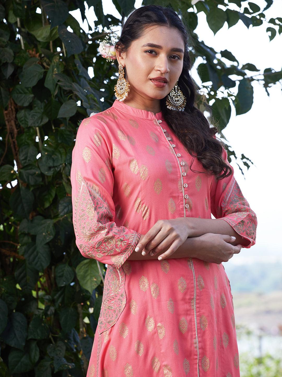 Ethnic Foil Printed & Embroidered A-Line Kurta with Palazzo & Dupatta - Pink - Indiakreations