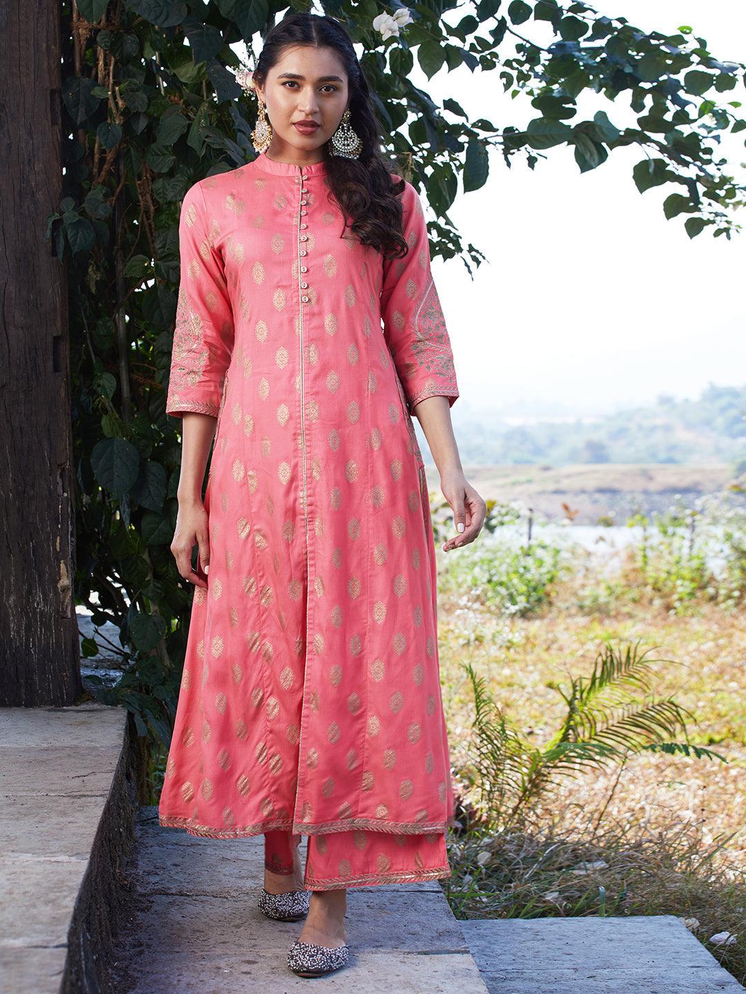 Ethnic Foil Printed & Embroidered A-Line Kurta with Palazzo & Dupatta - Pink - Indiakreations