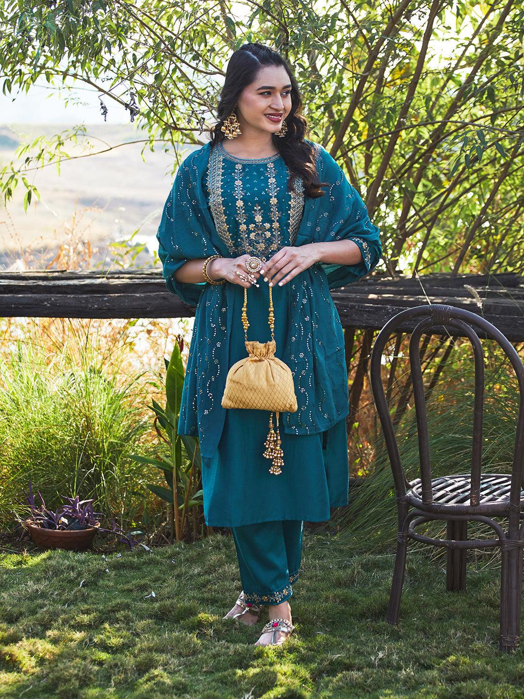 Solid Floral Embroidered Straight Kurta with Pant & Dupatta - Teal Blue - Indiakreations