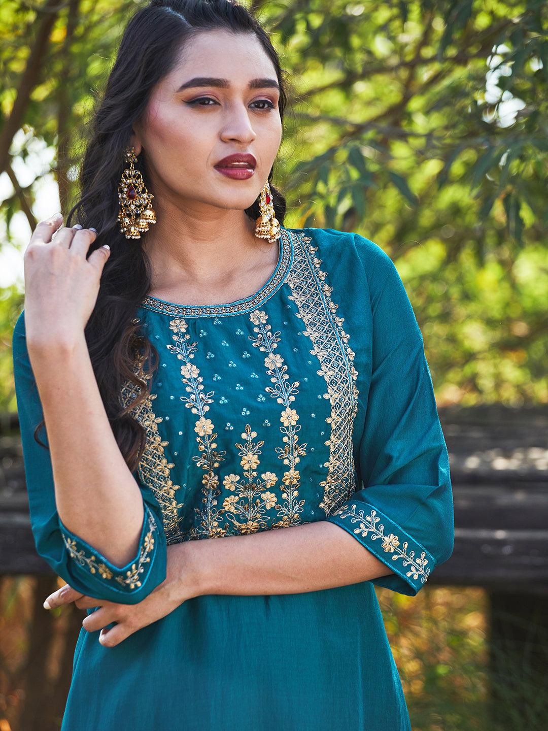 Solid Floral Embroidered Straight Kurta with Pant & Dupatta - Teal Blue - Indiakreations