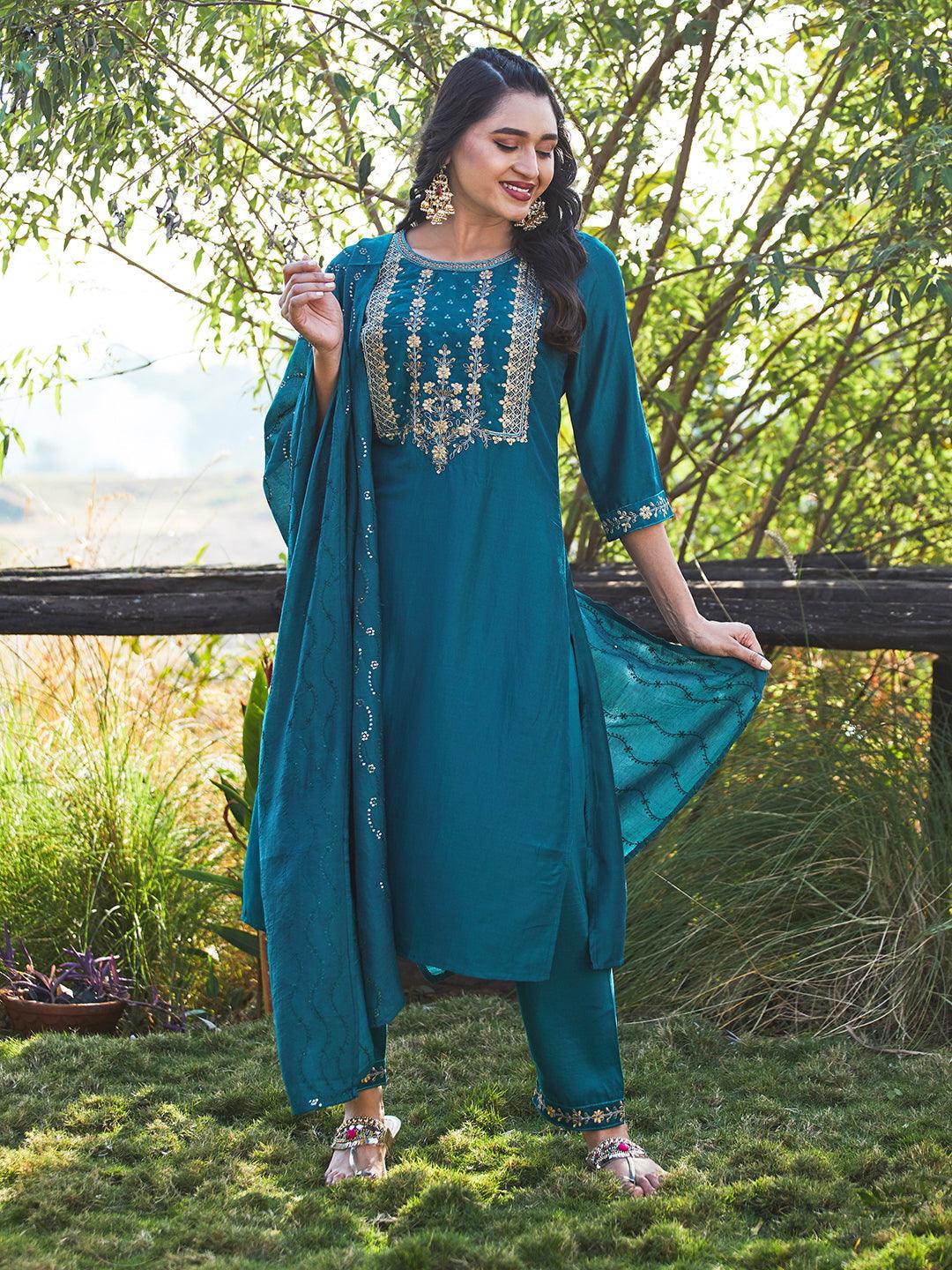 Solid Floral Embroidered Straight Kurta with Pant & Dupatta - Teal Blue - Indiakreations