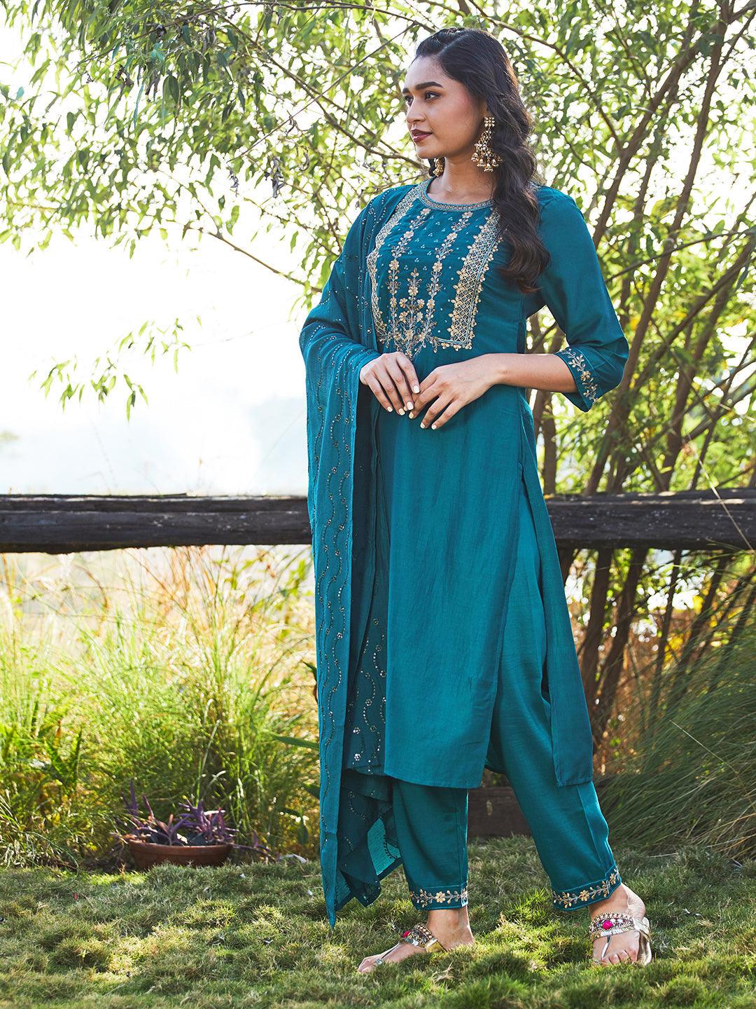 Solid Floral Embroidered Straight Kurta with Pant & Dupatta - Teal Blue - Indiakreations