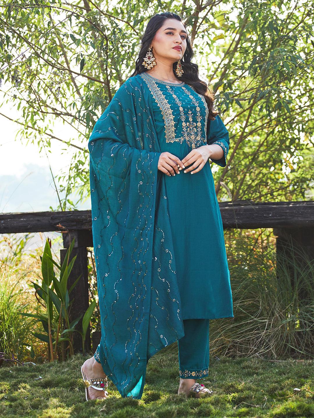 Solid Floral Embroidered Straight Kurta with Pant & Dupatta - Teal Blue - Indiakreations