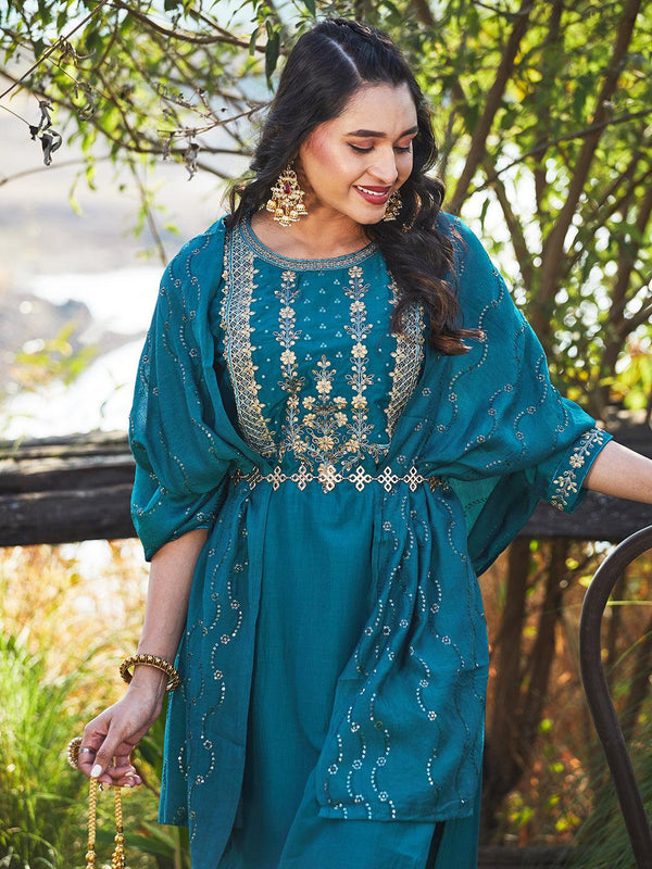 Solid Floral Embroidered Straight Kurta with Pant & Dupatta - Teal Blue - Indiakreations