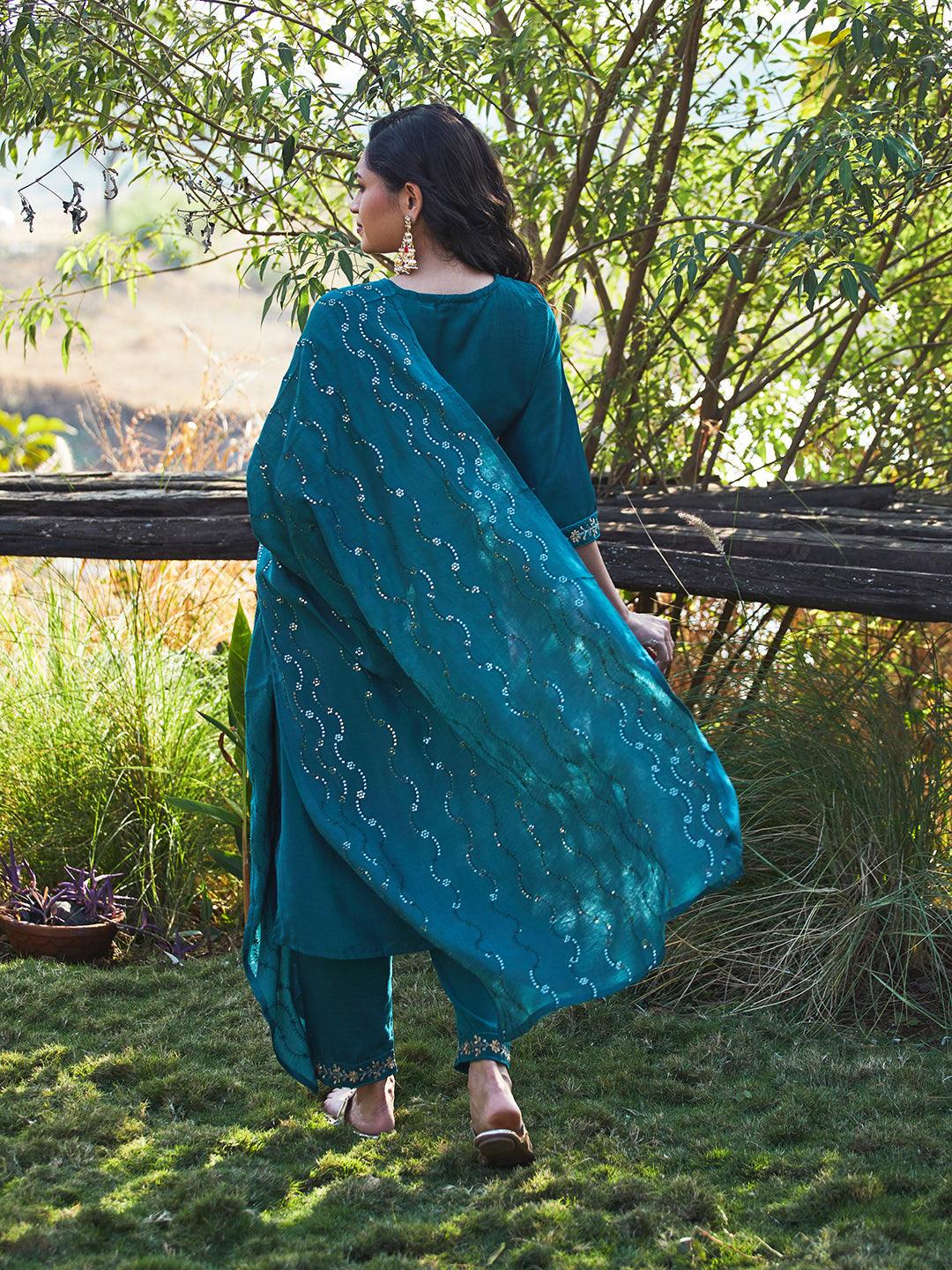 Solid Floral Embroidered Straight Kurta with Pant & Dupatta - Teal Blue - Indiakreations