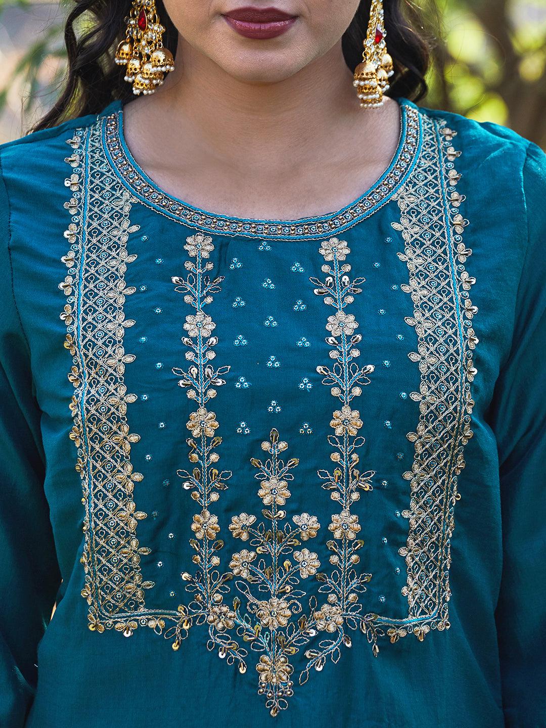 Solid Floral Embroidered Straight Kurta with Pant & Dupatta - Teal Blue - Indiakreations