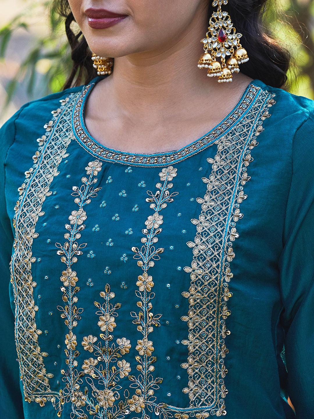 Solid Floral Embroidered Straight Kurta with Pant & Dupatta - Teal Blue - Indiakreations