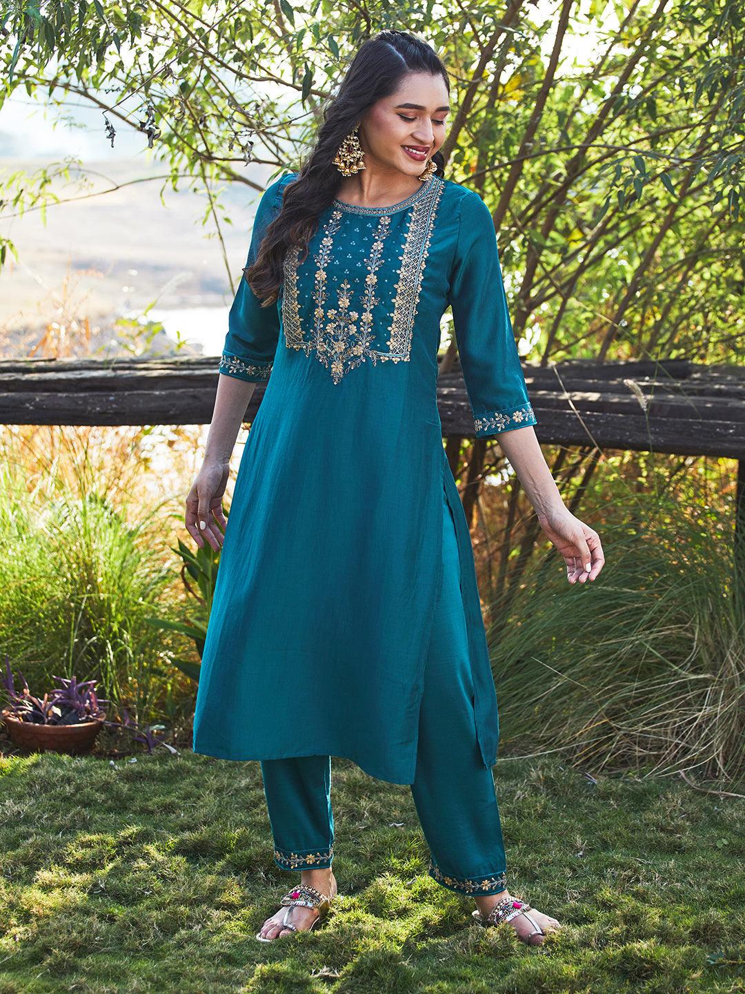 Solid Floral Embroidered Straight Kurta with Pant & Dupatta - Teal Blue - Indiakreations