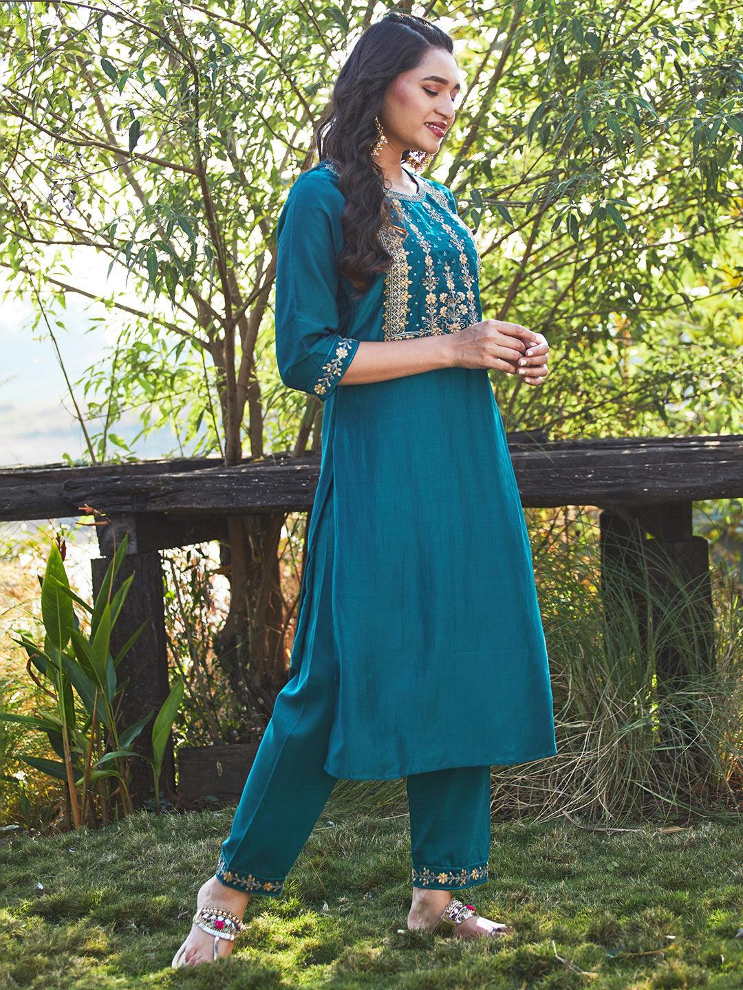 Solid Floral Embroidered Straight Kurta with Pant & Dupatta - Teal Blue - Indiakreations