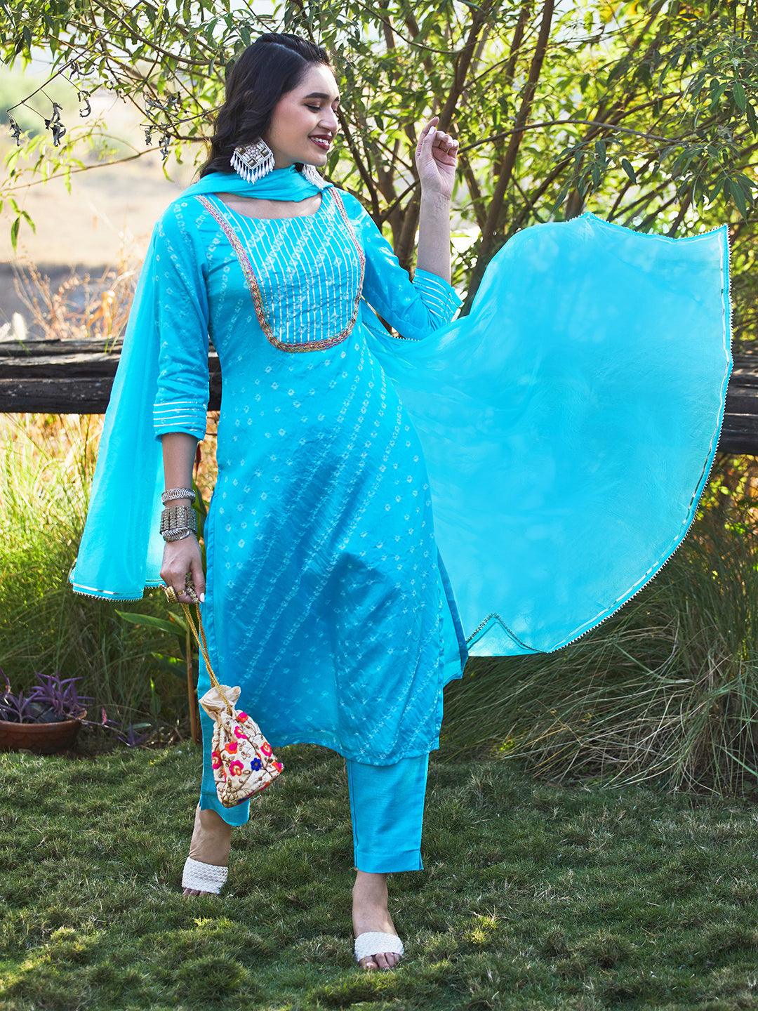 Bandhani Printed & Embroidered Straight Kurta with Pant & Dupatta - Blue - Indiakreations