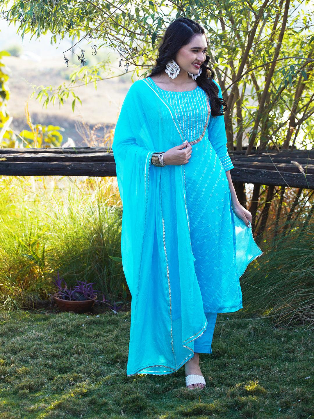 Bandhani Printed & Embroidered Straight Kurta with Pant & Dupatta - Blue - Indiakreations