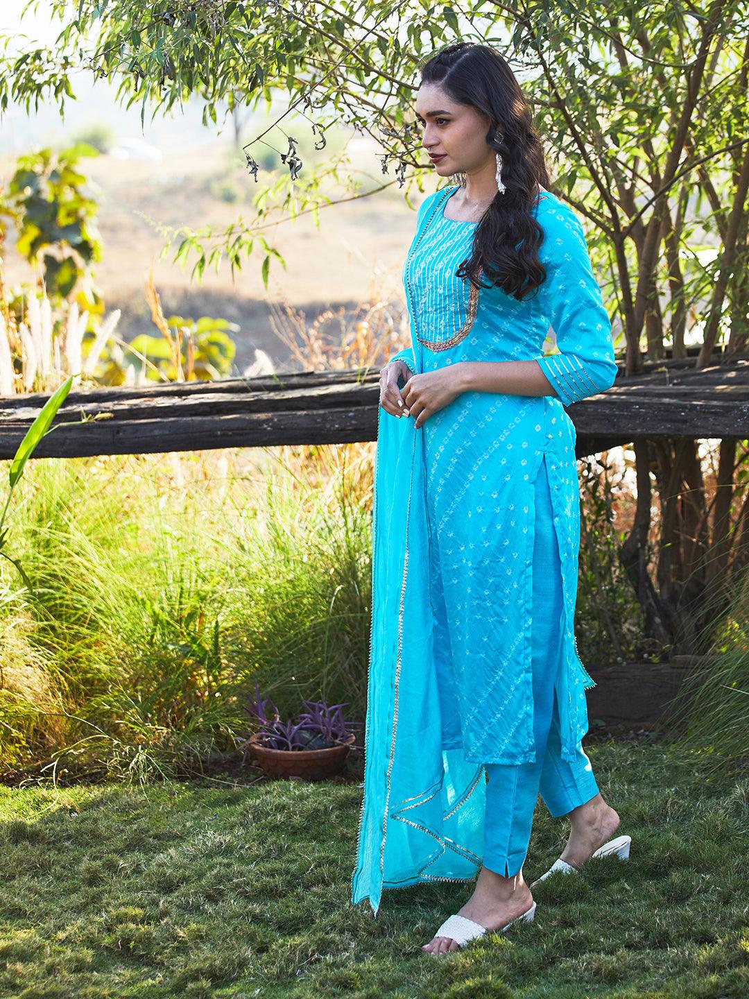 Bandhani Printed & Embroidered Straight Kurta with Pant & Dupatta - Blue - Indiakreations