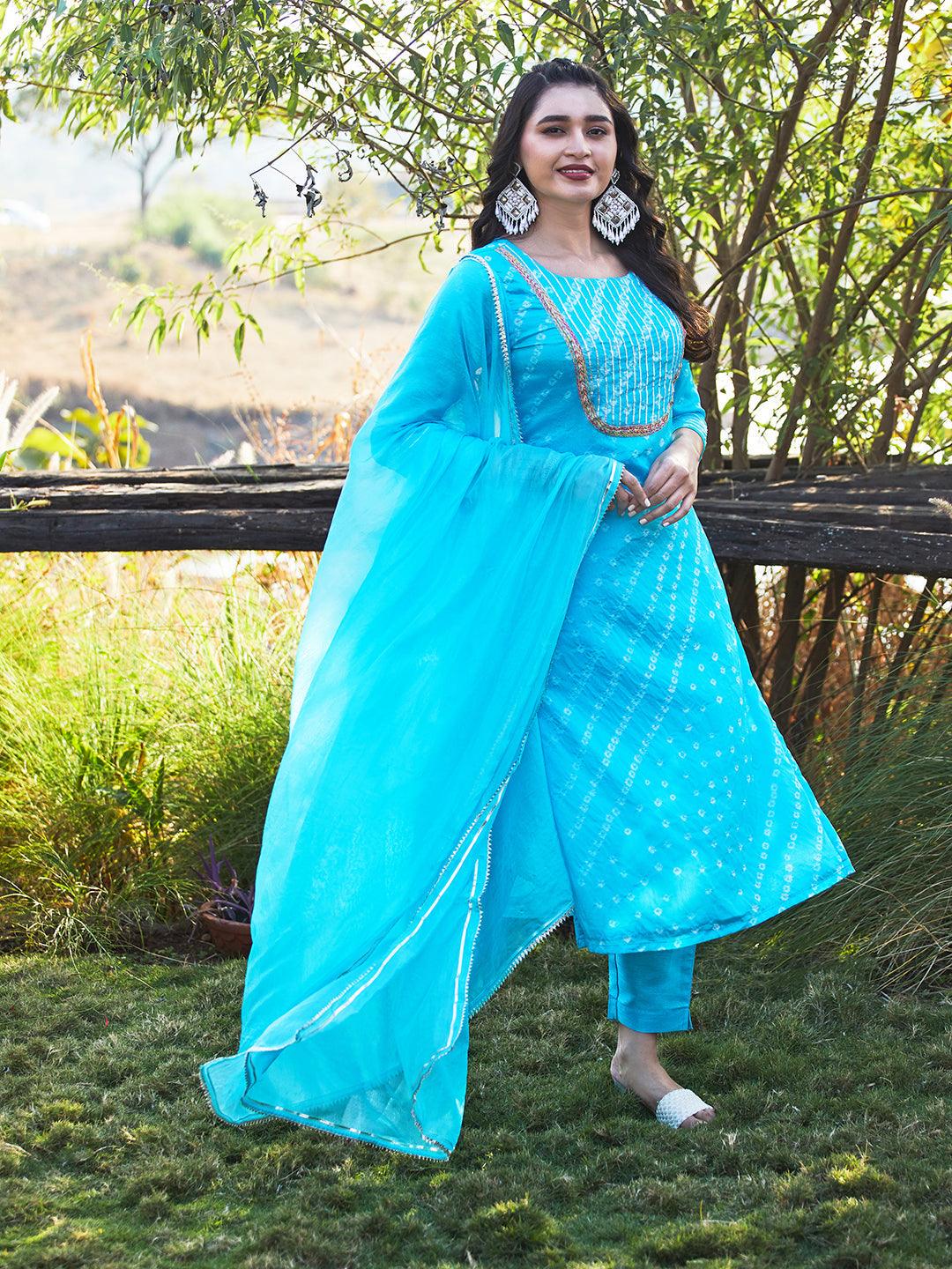 Bandhani Printed & Embroidered Straight Kurta with Pant & Dupatta - Blue - Indiakreations