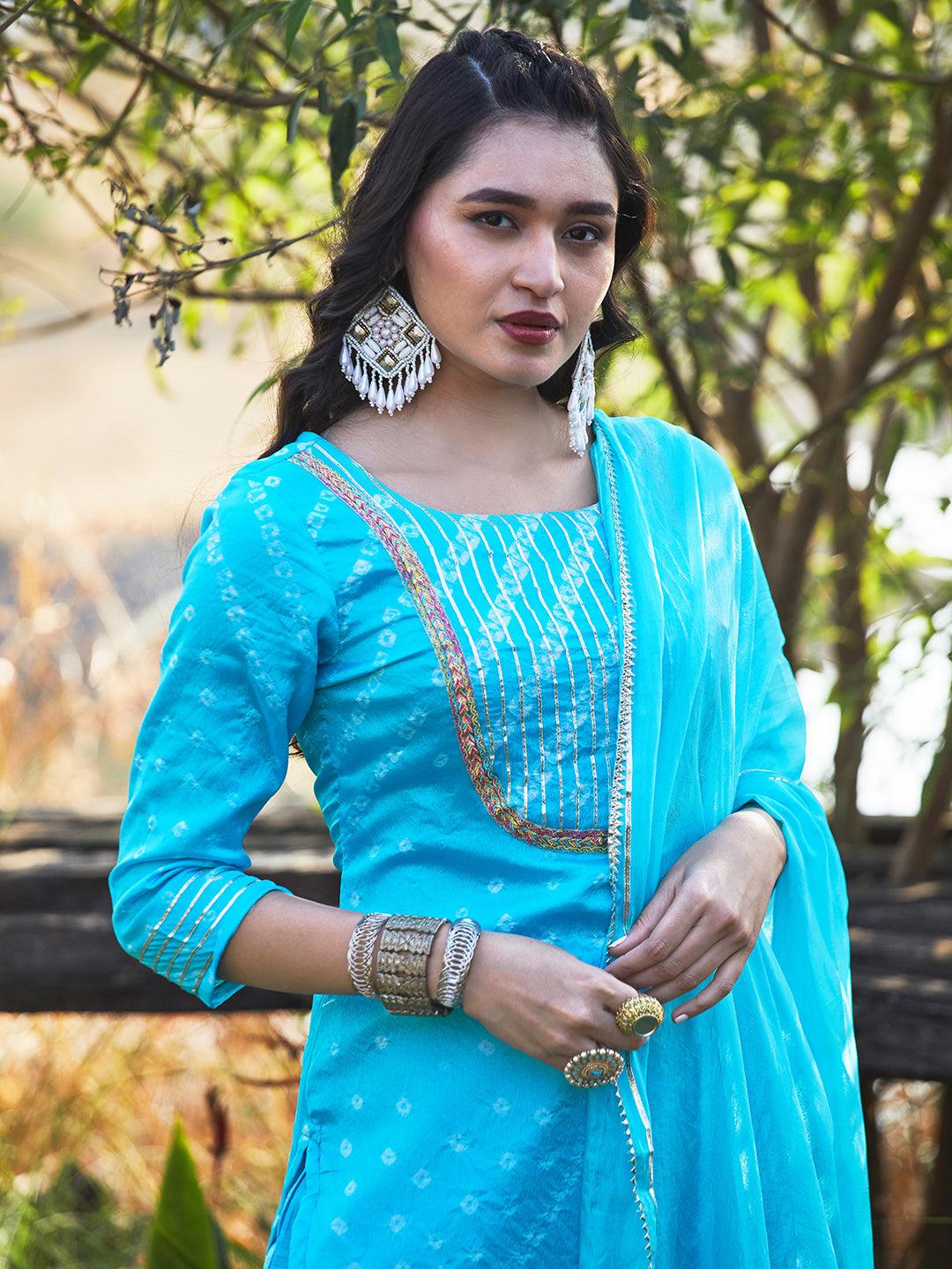 Bandhani Printed & Embroidered Straight Kurta with Pant & Dupatta - Blue - Indiakreations