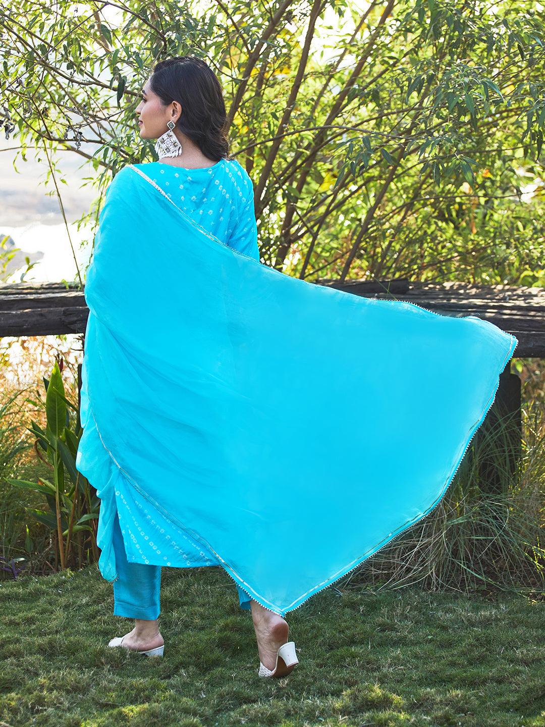 Bandhani Printed & Embroidered Straight Kurta with Pant & Dupatta - Blue - Indiakreations