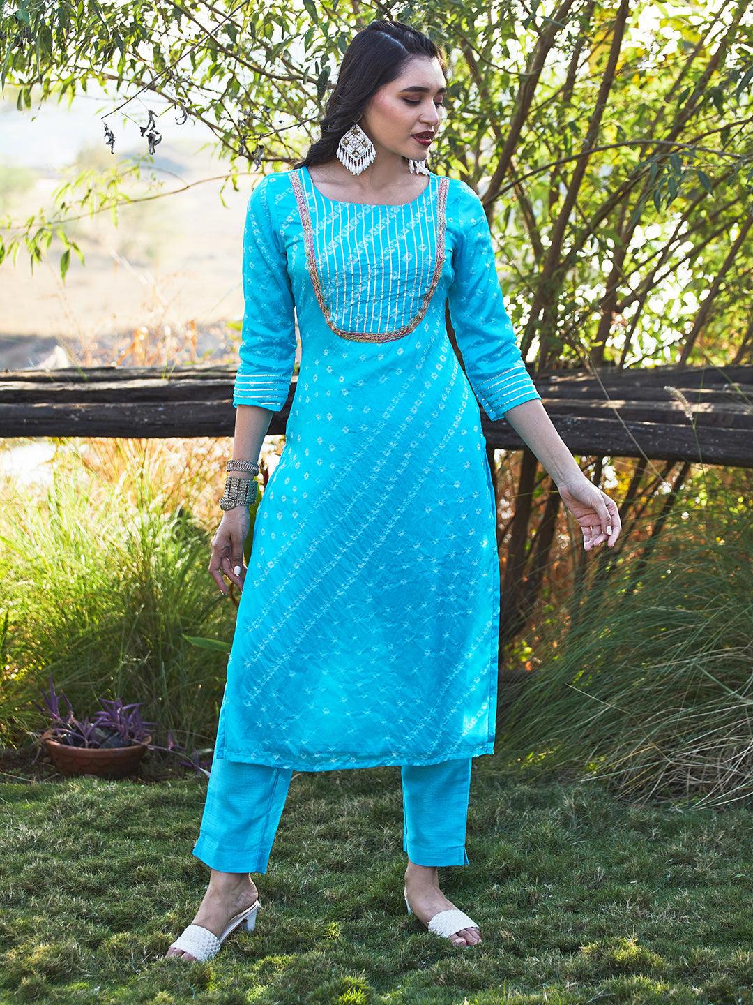 Bandhani Printed & Embroidered Straight Kurta with Pant & Dupatta - Blue - Indiakreations