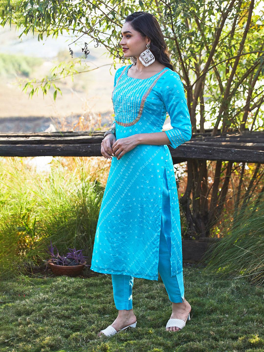 Bandhani Printed & Embroidered Straight Kurta with Pant & Dupatta - Blue - Indiakreations