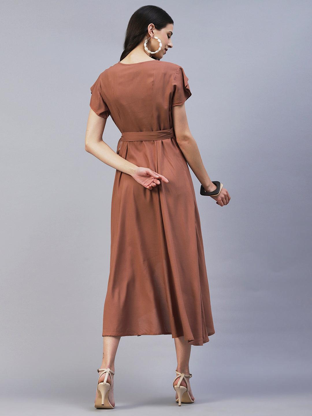 Solid Wrap Fit & Flare Midi Dress with Belt - Brown - Indiakreations