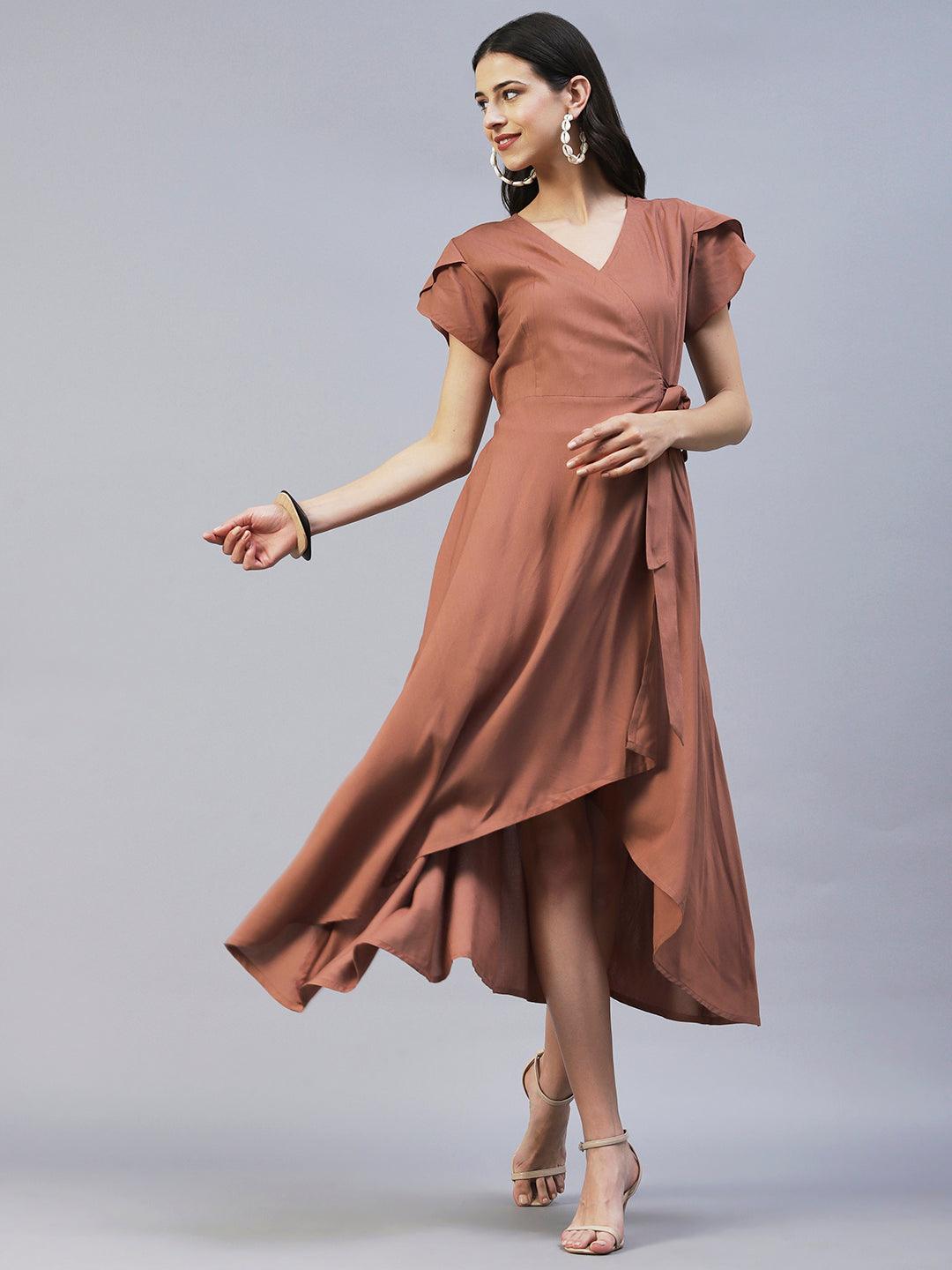 Solid Wrap Fit & Flare Midi Dress with Belt - Brown - Indiakreations