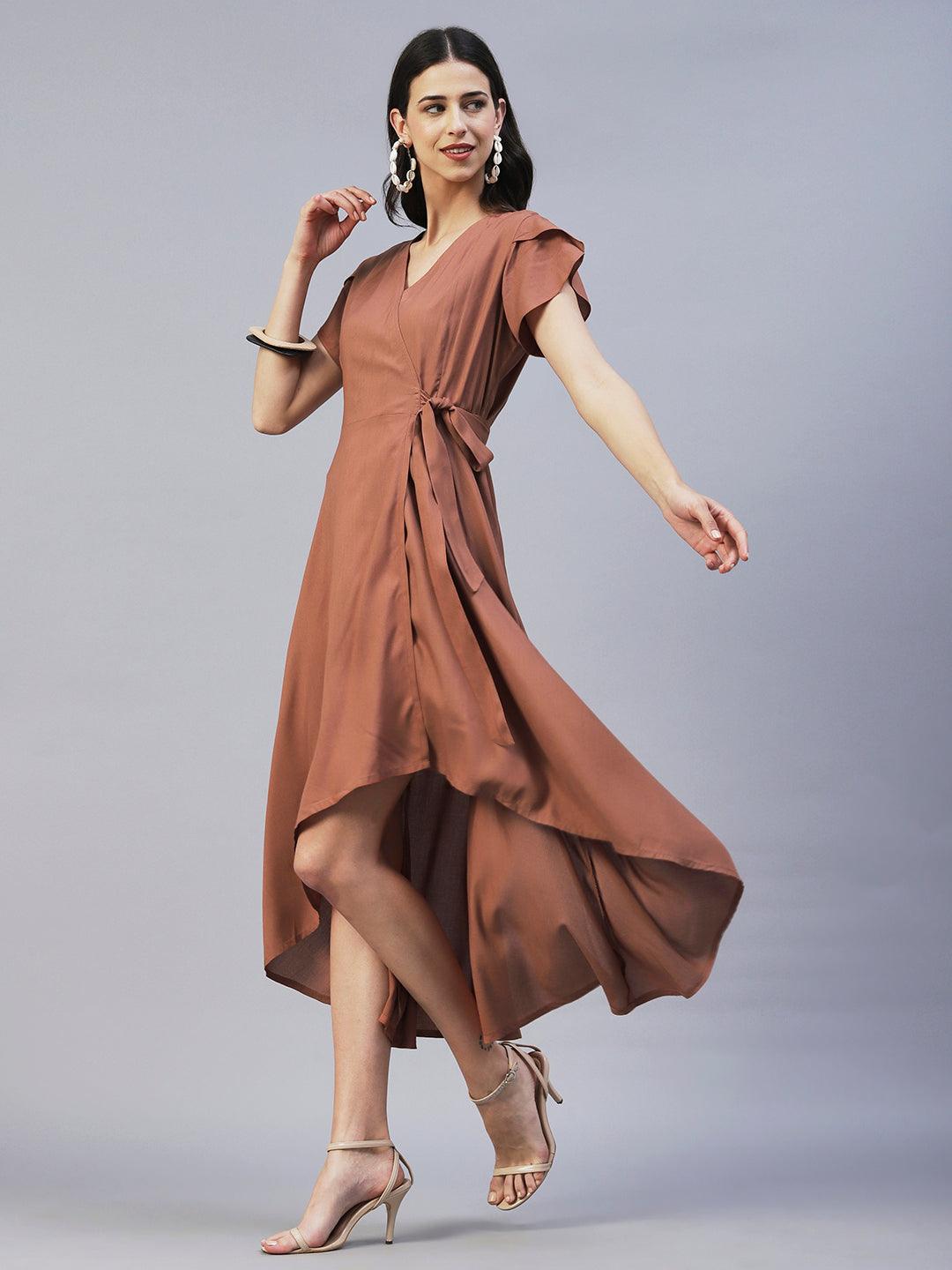 Solid Wrap Fit & Flare Midi Dress with Belt - Brown - Indiakreations