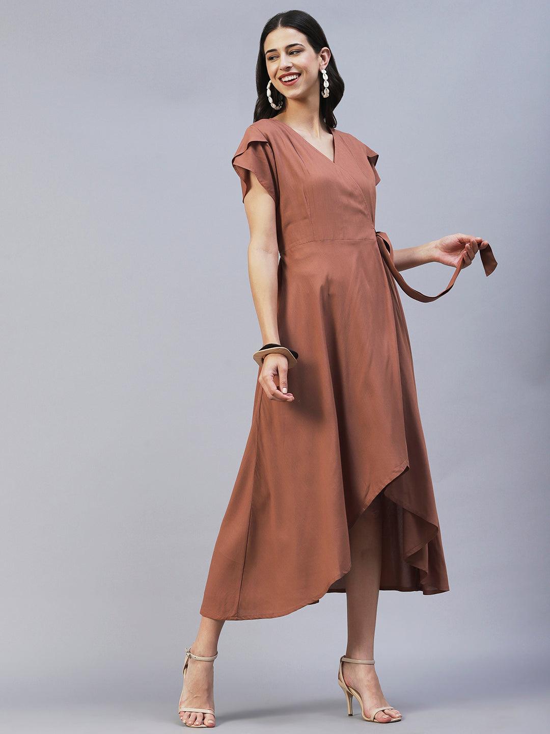 Solid Wrap Fit & Flare Midi Dress with Belt - Brown - Indiakreations