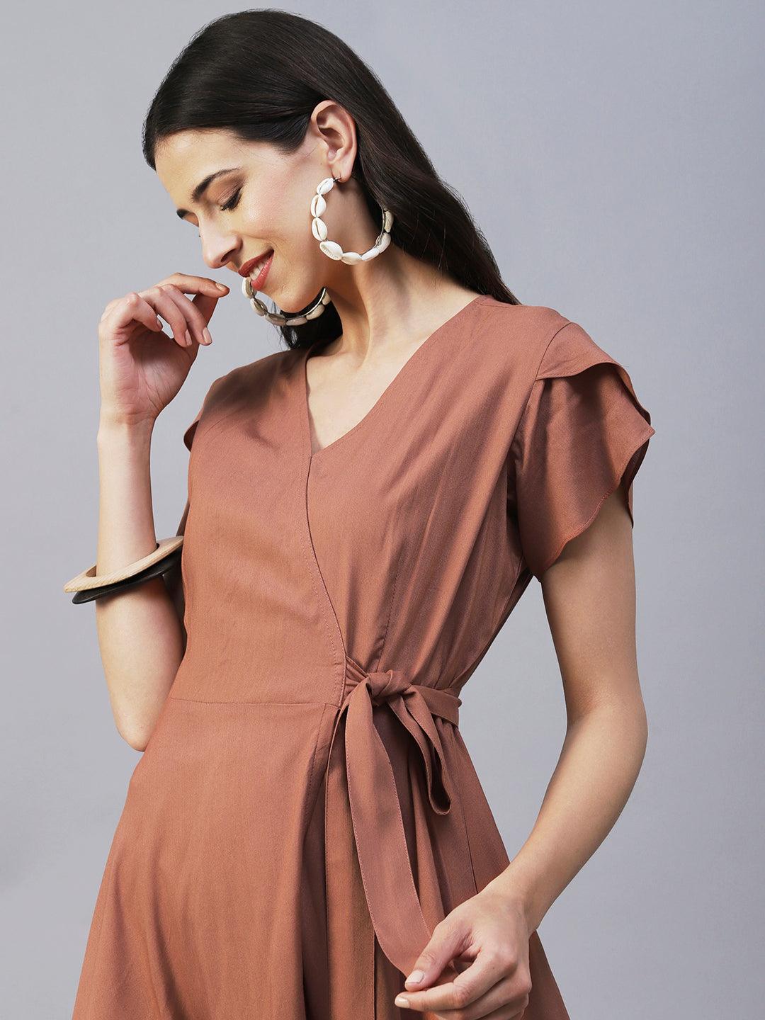 Solid Wrap Fit & Flare Midi Dress with Belt - Brown - Indiakreations