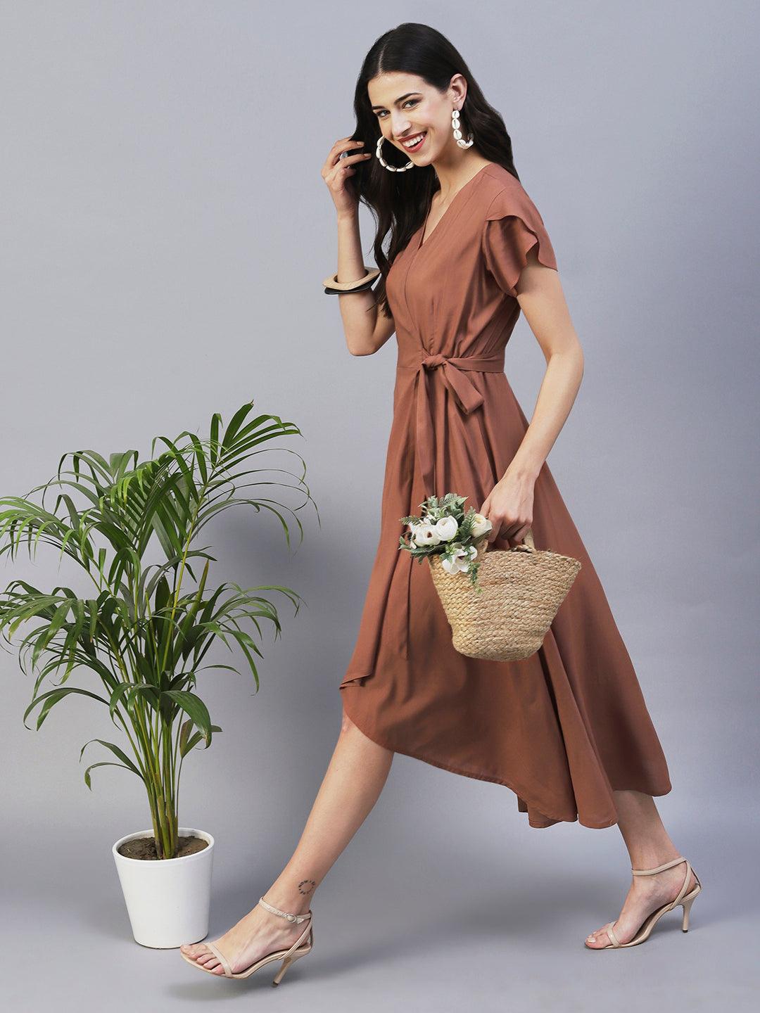 Solid Wrap Fit & Flare Midi Dress with Belt - Brown - Indiakreations