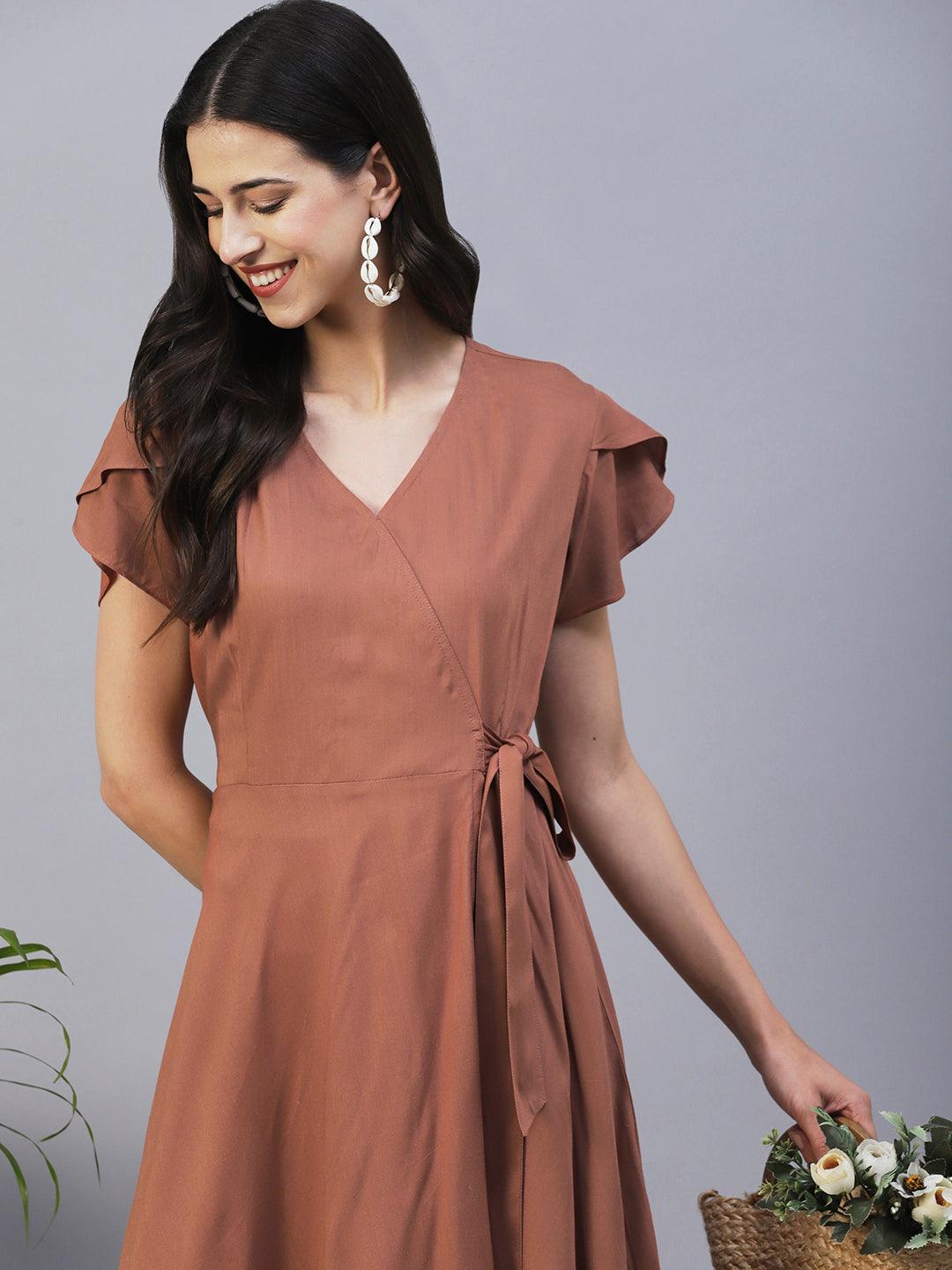 Solid Wrap Fit & Flare Midi Dress with Belt - Brown - Indiakreations