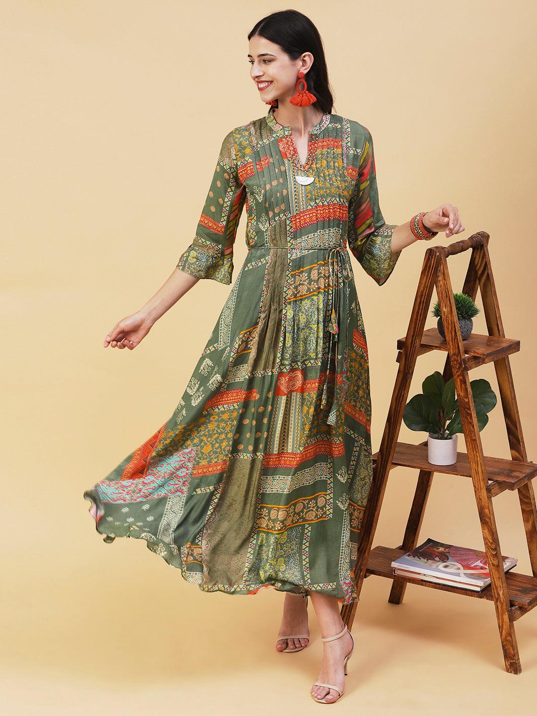 Ethnic Printed & Embroidered A-Line Maxi Dress - Green - Indiakreations