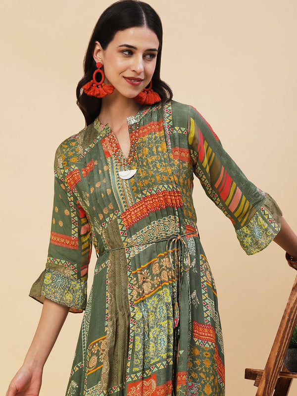 Ethnic Printed & Embroidered A-Line Maxi Dress - Green - Indiakreations