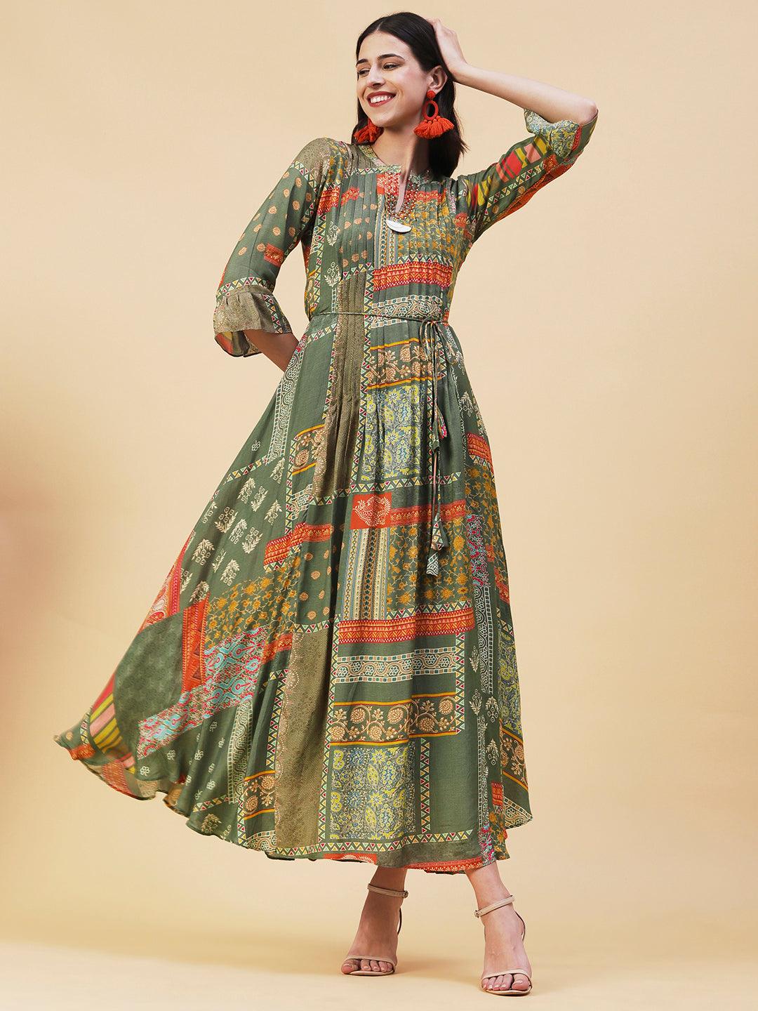 Ethnic Printed & Embroidered A-Line Maxi Dress - Green - Indiakreations